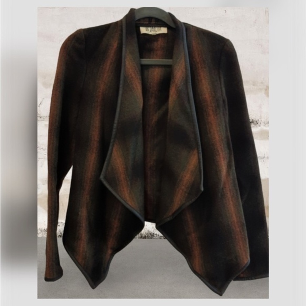BB Dakota Brown & Orange Wool Blend Faux Leather Trim Open Front Cardigan Small